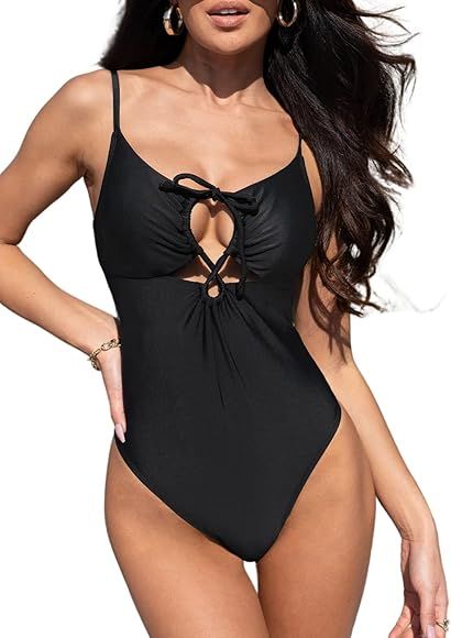 CUPSHE Women One Piece Swimsuit Cutout Drawstring Back Tie Spaghetti Straps Bathing Suits | Amazon (US)