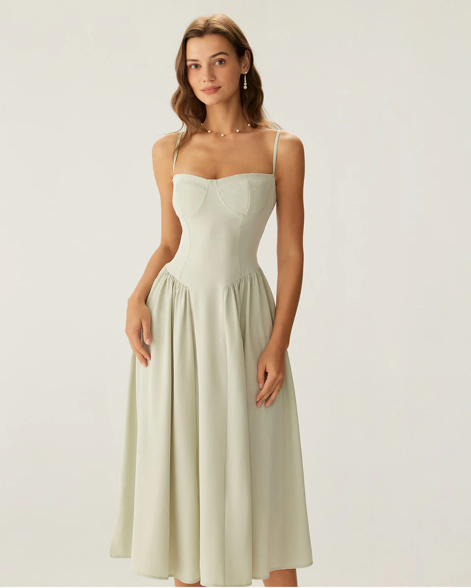 Green Square Neck Pocket Slip Midi Dress | rihoas.com