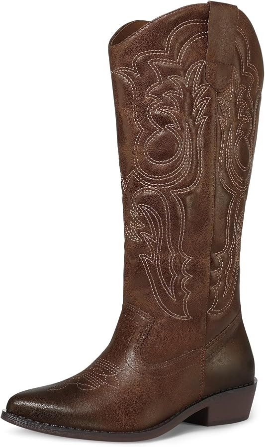 mysoft Women's Cowboy Boots Mid Calf Western Embroidered Pointed Toe Chunky Heel Pull On Cowgirl ... | Amazon (US)