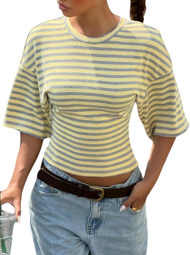 MakeMeChic Women's Striped Shirt Cinched Waist Polka Dots Top Y2K Summer Going Out Tops | Amazon (US)