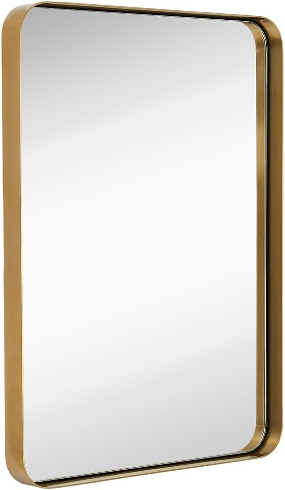 Hamilton Hills 22x30 inch Metal Gold Frame Mirror for Bathroom | Brushed Rectangular Rounded Corn... | Amazon (US)