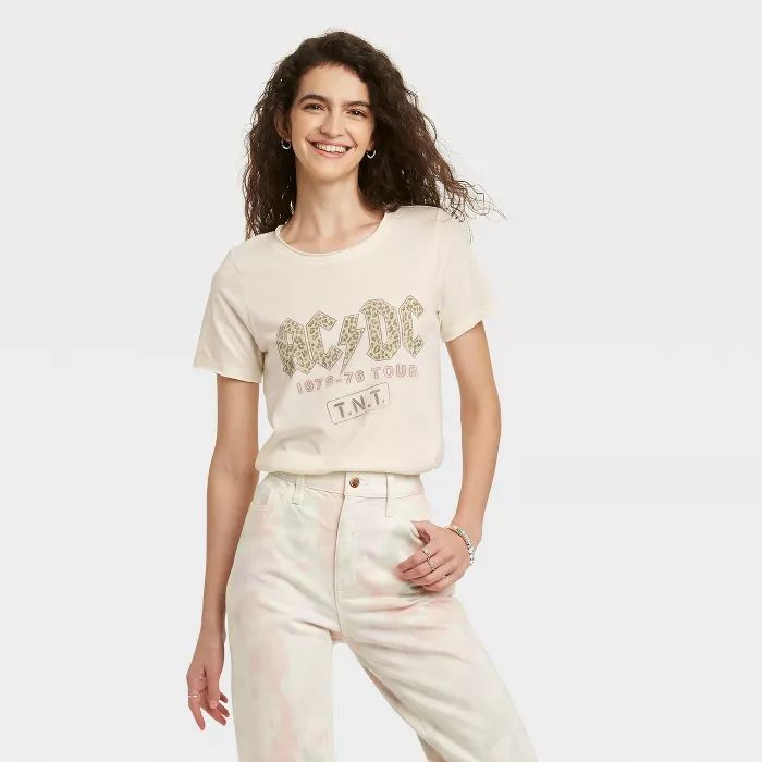 Women's AC/DC Leopard Print Logo Short Sleeve Graphic T-Shirt - Off-White | Target