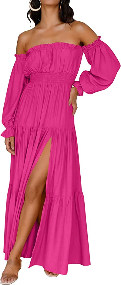 ZESICA Women's Boho Sexy Off Shoulder Bright Hot Pink Maxi Dress Long Fuschia Dress Magenta Dress | Amazon (US)