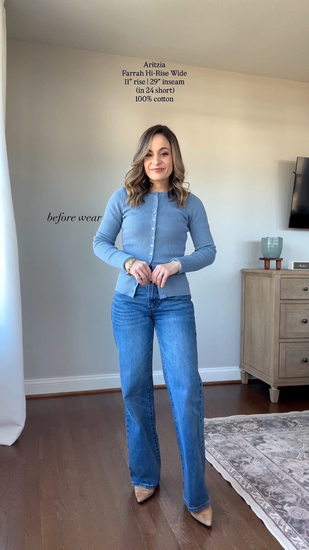 Trying out something new with denim reviews! Showing you the fit of the jeans before wearing and after wearing so you can see how much they stretch and wear. 

Jeans (Aritzia): 24 short kiss n tell blue 
Sweater (Quince): xs 
Boots (J.Crew): tts 

These are the Farrah Hi-Rise Wide Jeans from Aritzia. They’re 100% cotton and only stretched lightly with wear (typical of 100% denim). In short they have just under an 11” rise and a 29” inseam. Since they’re cotton I anticipate they will shrink but will update you once I wash them. 

#LTKPetite