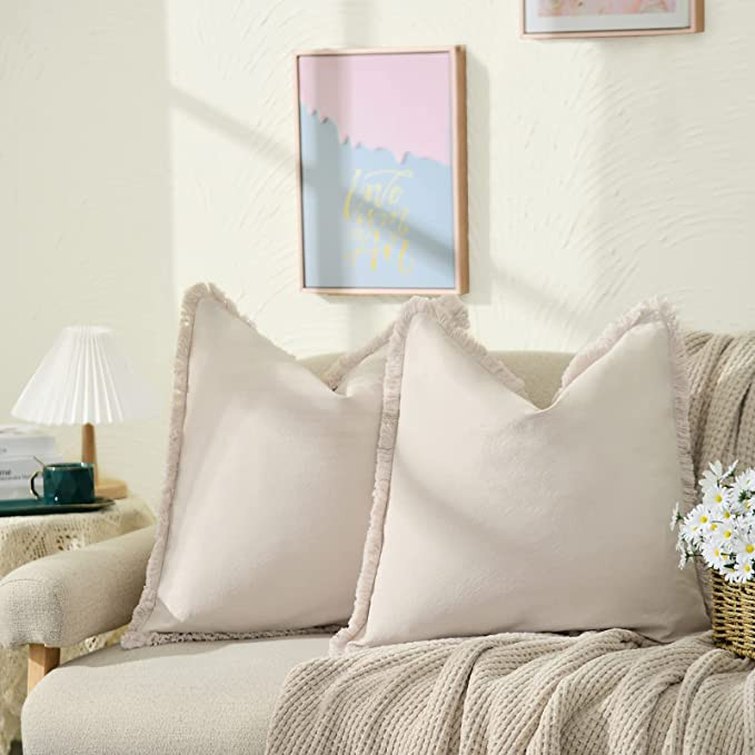 ZWJD Pillow Covers 20x20 Set of 2 Beige Throw Pillow Covers with Fringe Chic Cotton Decorative Pi... | Amazon (US)