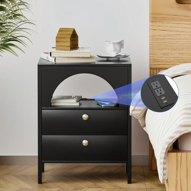 Algherohein Black Modern Nightstand with Socket USB 2 Drawers for Bedroom | Walmart (US)