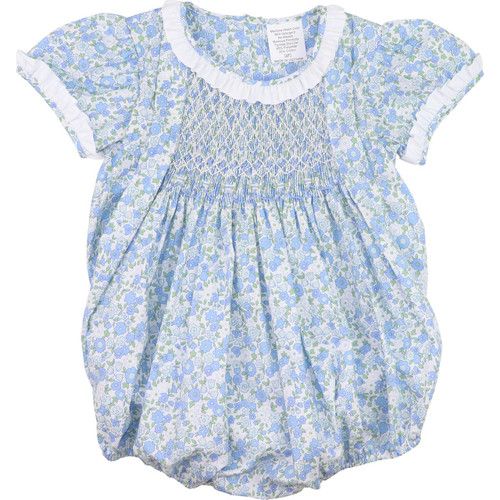 Blue Floral Geometric Smocked Bubble | Cecil and Lou