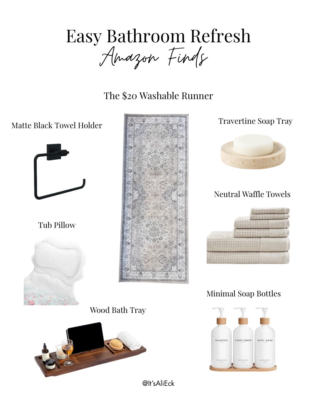 Simple swaps that instantly refresh your bathroom - ordered today on Amazon so you can refresh your bathroom this weekend 🤍 

I am shocked at the quality of this $20 runner! It is soft, had no smell, and the print is not super fake looking. The beige color is a surprising cream, not too yellow.

I love these waffle towels. The natural color comes in very warm not super brown looking. It was a perfect compliment to the Tile. I have in my bathroom.

I use this travertine soap tray in my shower for a solo bar of soap that I keep in there. It helps make everything clean and there’s no more soap scum building up on my shower niche.

My favorite part about this pillow for the tub is that it comes with a washable bag so it makes keeping it clean and sanitary so simple it also comes with the hook so that it’s able to air dry! 

I went with this tub tray because I did not have to assemble it. It came fully intact and I love how it was expanded so I knew it would fit whatever size tub I placed it on.

Happy spring shopping!!
