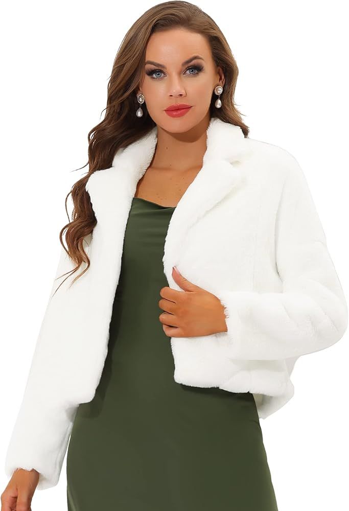 Allegra K Women's Winter Cropped Faux Fur Bolero Jacket Notch Lapel Collar Dropped Loose Faux Fur... | Amazon (US)