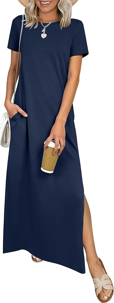 ANRABESS Womens Summer Casual Maxi Dress Short Sleeve Crewneck Split Wrinkle-Free Travel Long Sun... | Amazon (US)