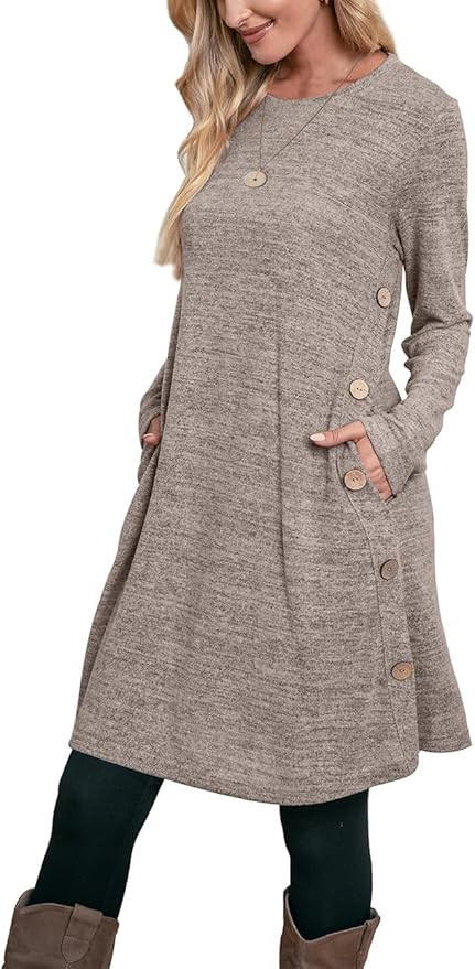 OFEEFAN Long Sleeve Dress for Women Crew Neck Tunic Dress with Pockets Buttons Side | Amazon (US)