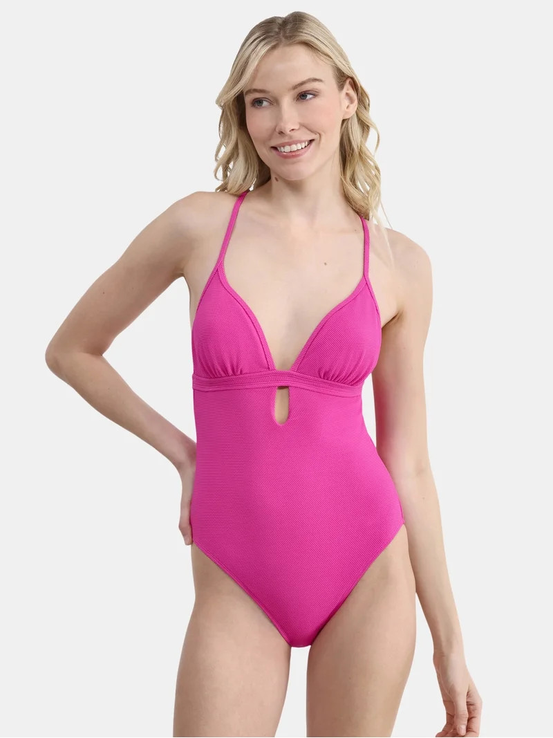 Jessica Simpson Women’s Pique Plunge One Piece Swimsuit, Sizes XS-XXL | Walmart (US)