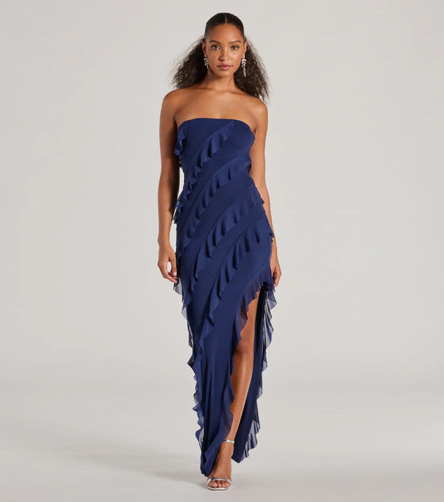 Gabby Formal Mesh Strapless Ruffle Long Dress | Windsor Stores