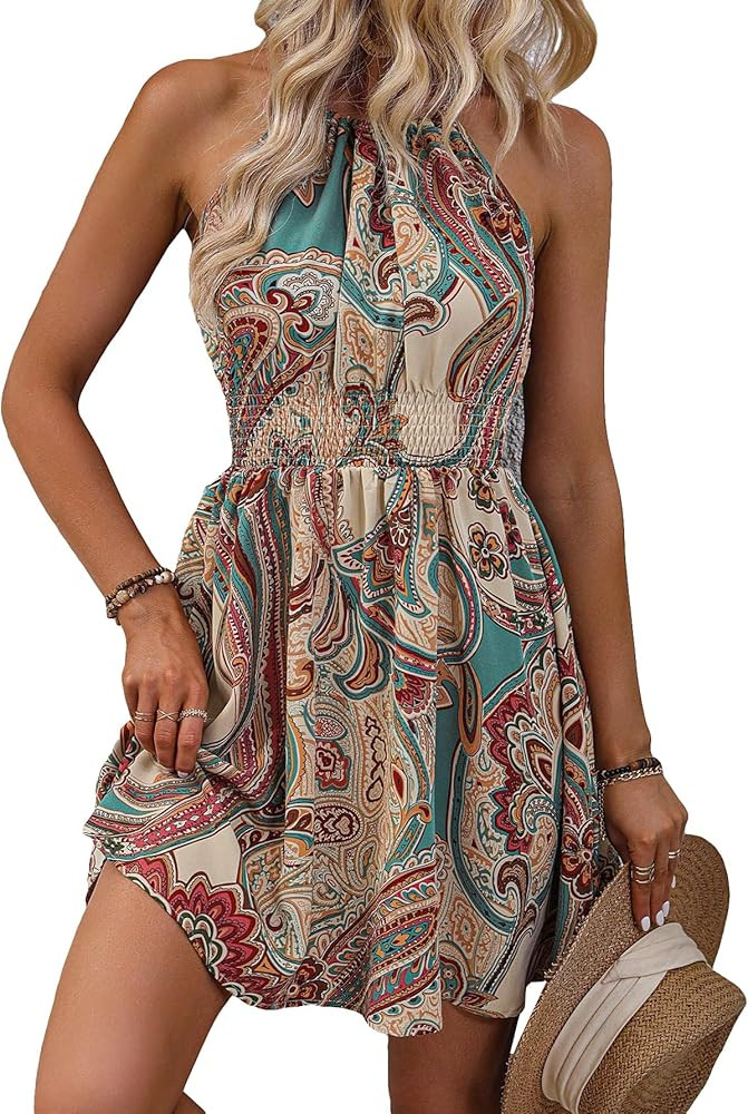 Cozyease Women's Paisley Dress Light Brown Dress Teal Blue Floral Dress Turquoise Dress Amazon | Amazon (US)