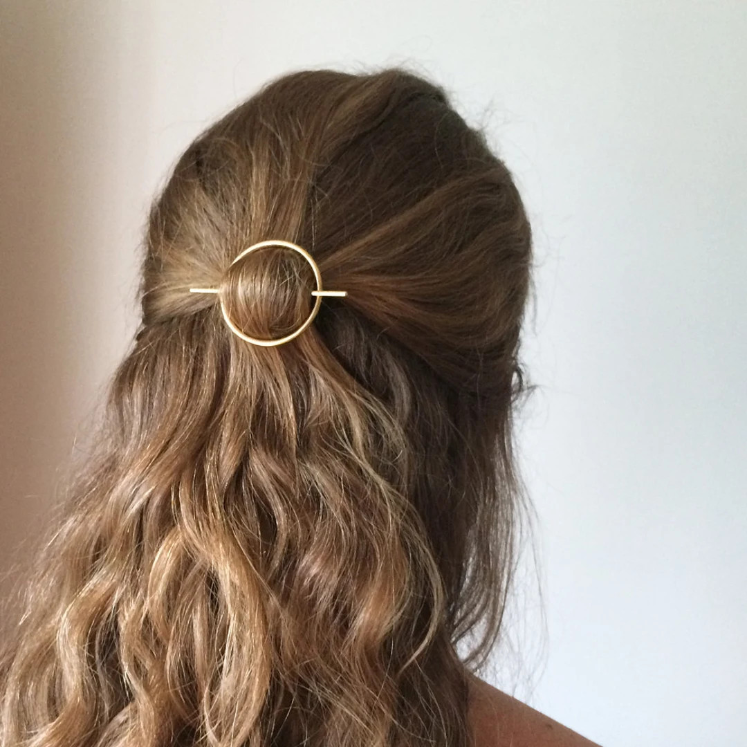 Minimalist gold hair accessories - brass hair clip - round barrette - hair pin - gold hair slide ... | Etsy (US)