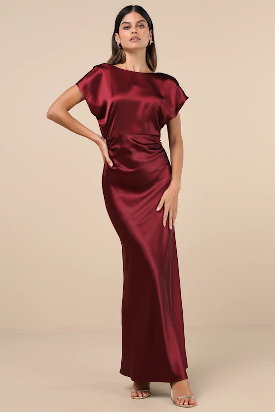 Captivating Presence Wine Red Satin Cowl Back Maxi Dress | Lulus