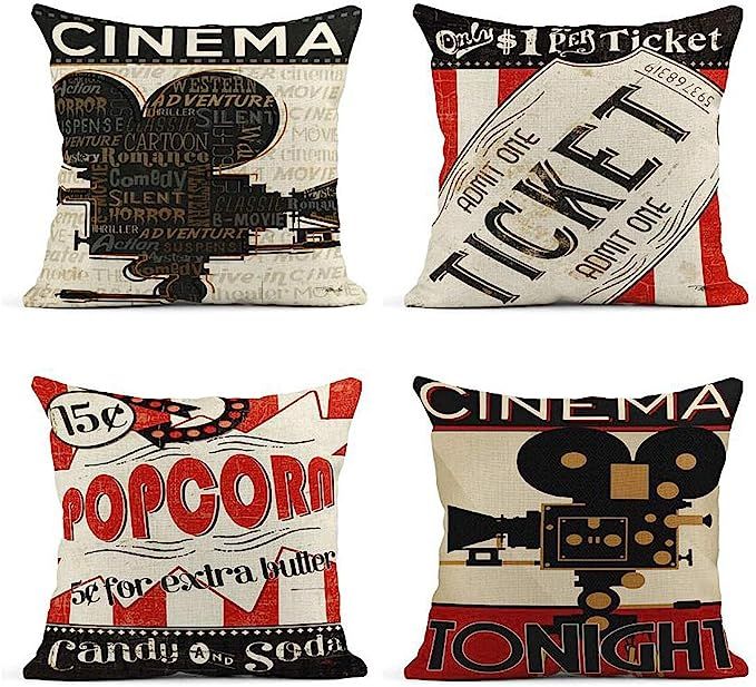ArtSocket Set of 4 Linen Throw Pillow Covers Vintage Cinema Movie Theater Fresh Popcorn Projector... | Amazon (US)