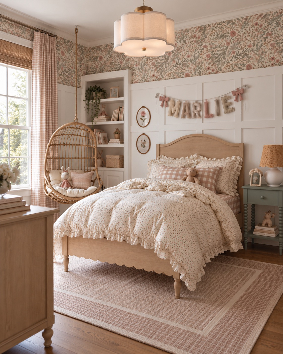 I love when a kids room can feel unmistakably like a kids room without every piece needing to be overly themed. This little girl’s bedroom has plenty of sweetness, but the warm wood, soft sage, woven textures and vintage-inspired details give it a more collected feel that can grow with her.

The floral bedding and wallpaper bring in the pattern, while the pink gingham adds another layer without making the whole room feel too precious. I also love the mix of those softer pieces with the natural wood bed, woven chair and simple furniture—it keeps everything feeling warm and balanced.

This is a realistic room rendering of one of my curated design boards, so you can see how all of those individual pieces could come together in an actual space. Swipe to see my original design. 

I’ve linked the exact and similar pieces from the design here so you can recreate the full look or pull a few ideas for your own little girl’s room.

#LTKHome #LTKKids