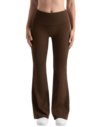 MOOSLOVER Women Flare Leggings Fold Over Bootcut Yoga Pants Casual Y2K Lounge Pants Comfy Cotton Leggings(L,Brown) | Amazon (US)