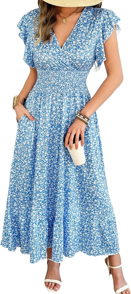 Women\u2019s Maxi Floral Dress - Flutter Short Sleeve Wrap V-Neck Flowing A-Line Summer Dress wit... | Amazon (US)