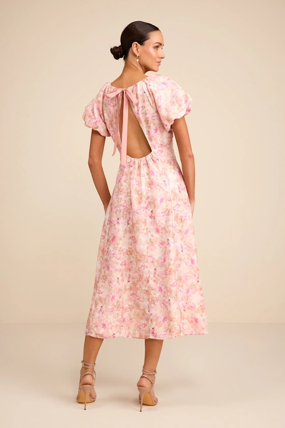 Arleth Ivory and Pink Floral Puff Sleeve Midi Dress | Lulus