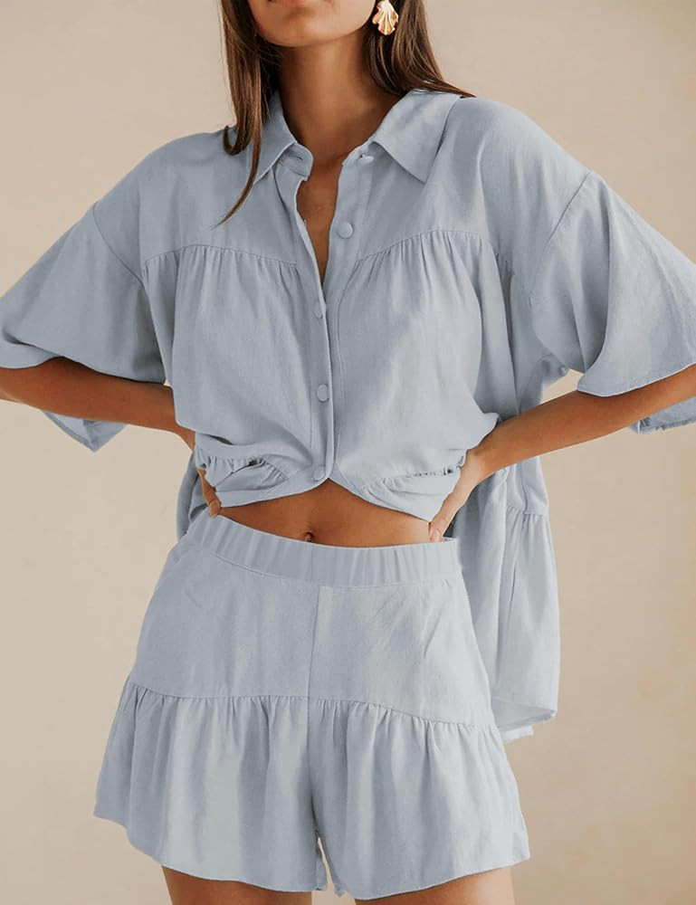 Qiaomai Womens 2 Piece Outfits Summer Ruffled Shirt and High Waist Shorts Matching Set | Amazon (US)