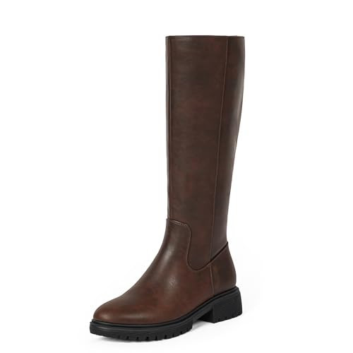 VIUGJNEX Brown Knee High Boots No Heel Flat Riding Boot Chunky Platform Low Heel Tall Knee Boots for Women Lug Sole Round Toe Fall Long Boot Size 6.5 | Amazon (US)