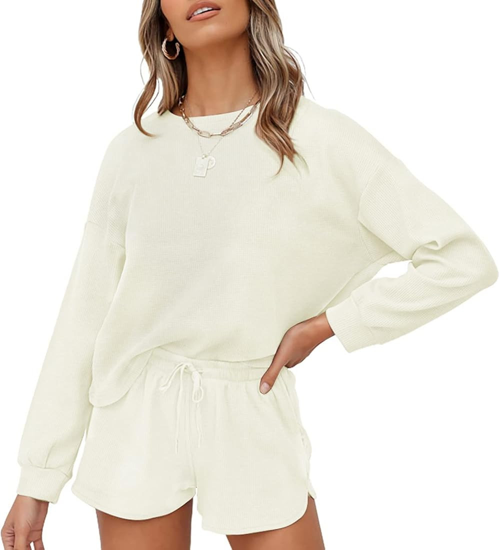ZESICA Women's Waffle Knit Long Sleeve Top and Shorts Pullover Nightwear Lounge Pajama Set with P... | Amazon (US)