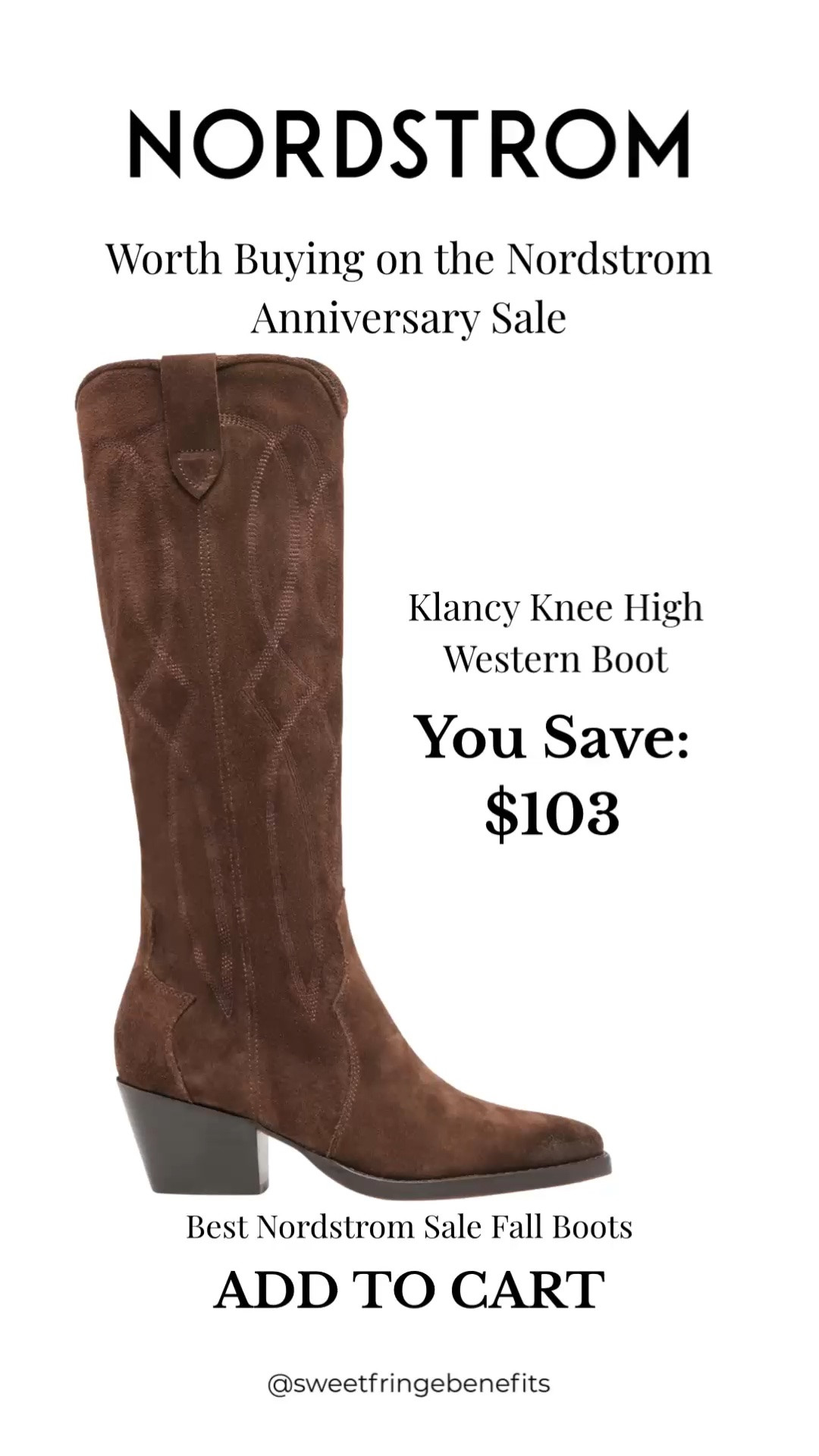 These Klancy knee-high western boots are a Nordstrom Anniversary Sale standout. The rich brown suede-look finish and low heel make them an easy fall wardrobe addition—and you save $103!

💡 LTK MADE EASY
❤️ Heart = Support my posts!
🔖 Save = Get sale & restock alerts
📋 Lists = Keep favorites organized
📲 Share = Send lists and products to a friend. Hello, Christmas List!
💬 Comment = Ask me anything about what I'm wearing.:-) 

 #LTKOver40 #LTKSaleAlert #LTKWorkwear