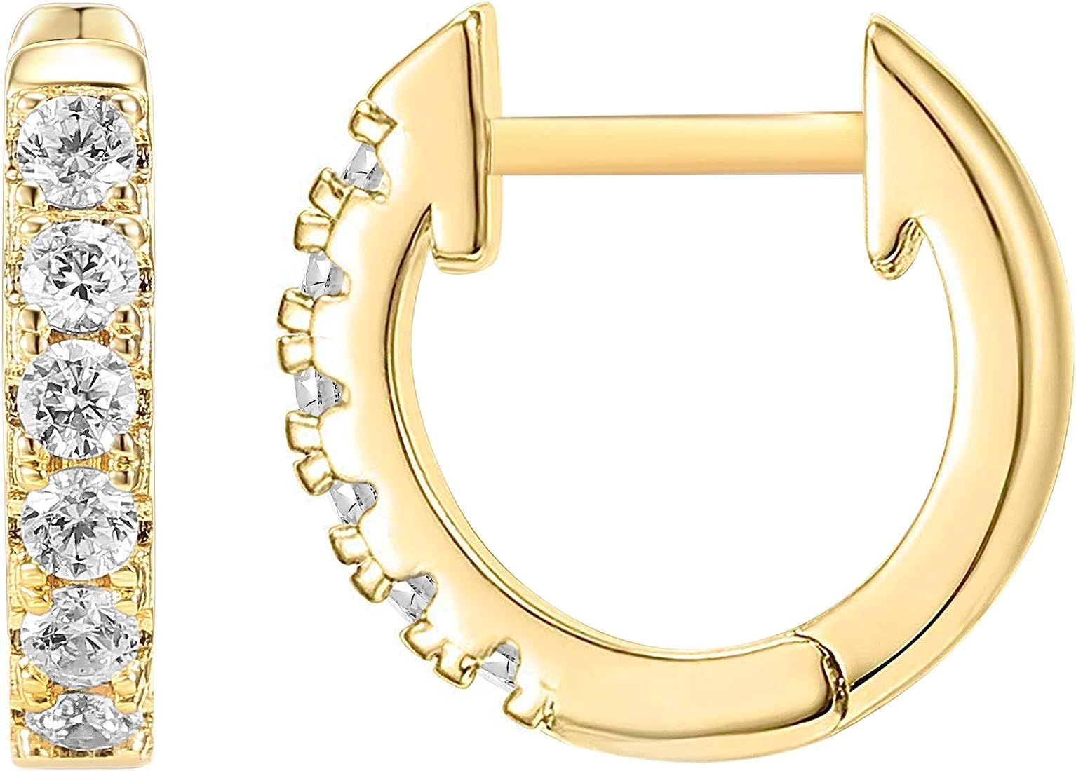 PAVOI 14K Gold Plated Sterling Silver Post Pave Cubic Zirconia Huggie Hoop Earrings for Women | Amazon (US)