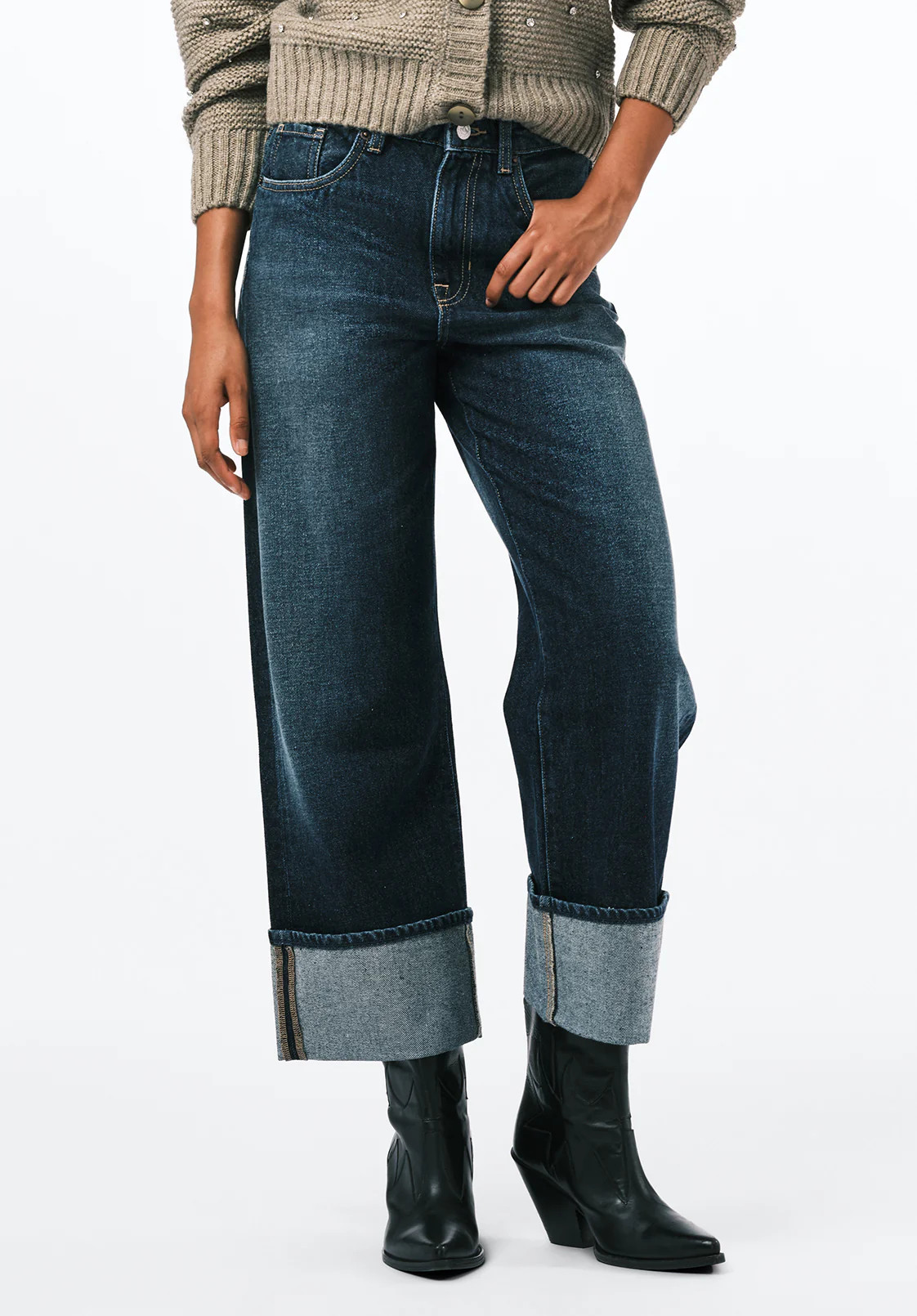 High Rise Wide Leg Cropped Addisson Women's Jeans, Dark Contrast - BL16106 | Buffalo David Bitton