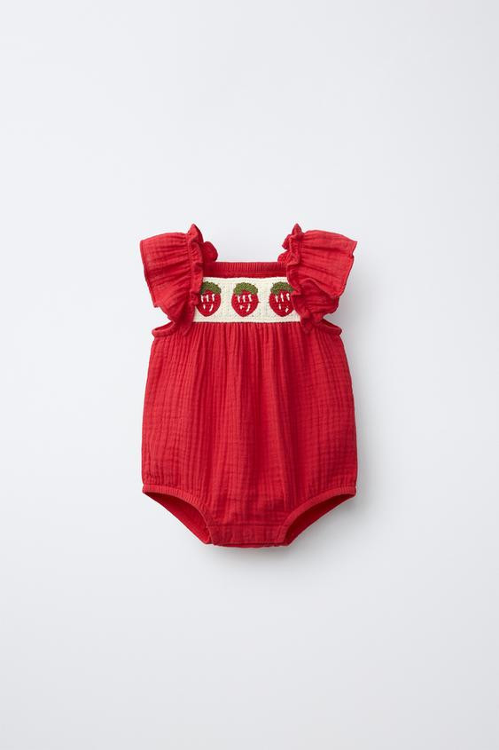STRAWBERRY EMBROIDERED COTTON GAUZE ROMPER | Zara US