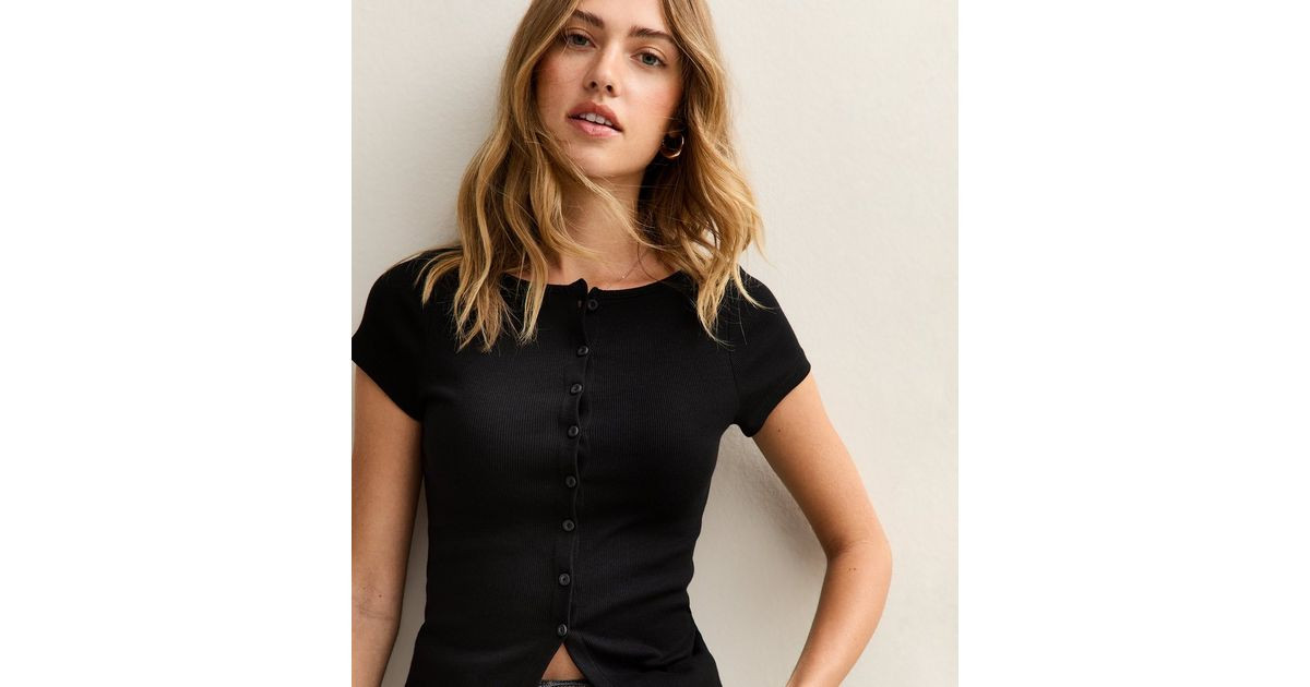 Black Ribbed Button Up Baby Tee | New Look | New Look (UK)