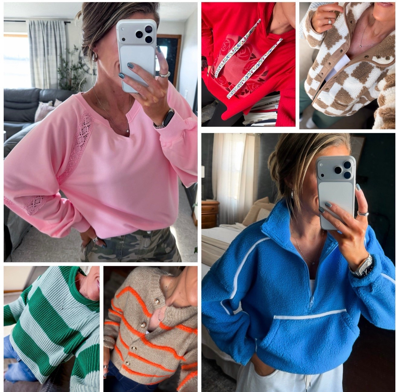 Say bye bye to the winter blahs with these fun colorful tops from Amazon. 
Pink/medium (small would have been fine)
Red/medium
Checkered fleece/small
Green/small
Blue/small
Orange striped cardigan /small 