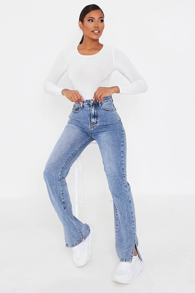 Mid Wash High Waisted Split Hem Jeans | ISAWITFIRST