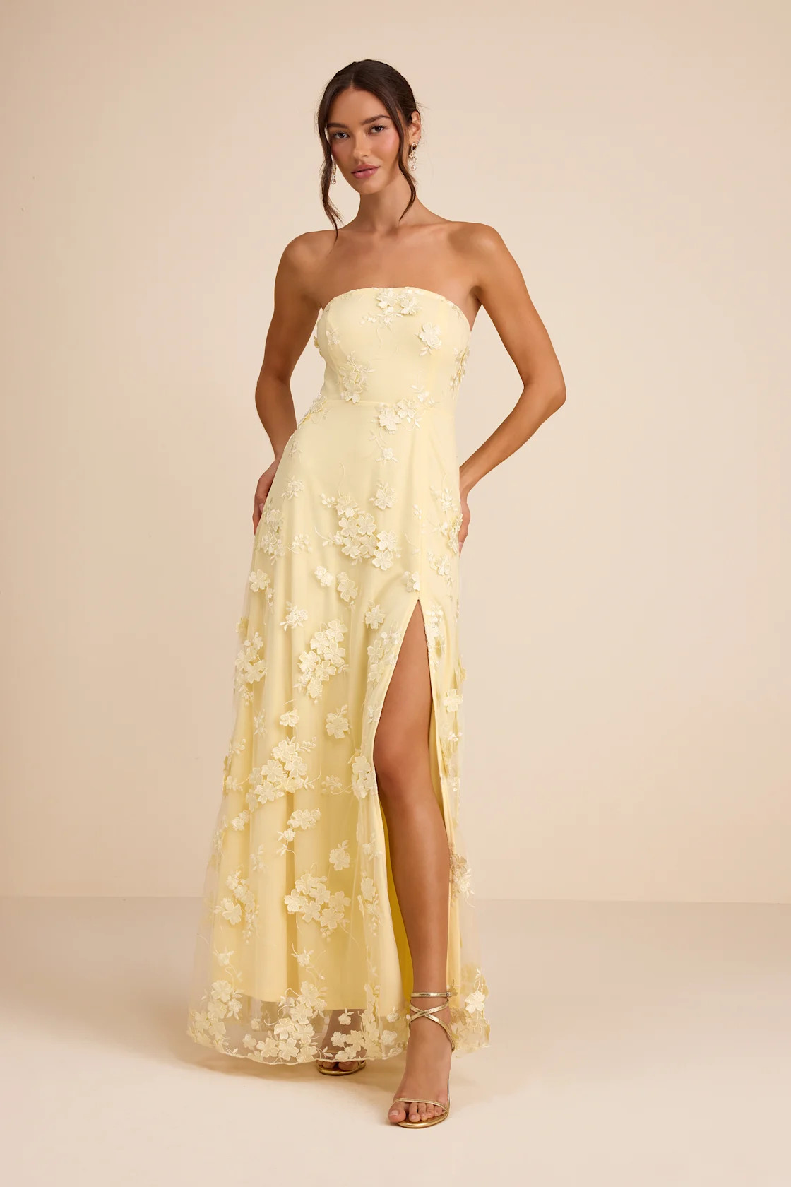 Rare Presence Light Yellow 3D Floral Embroidered Maxi Dress | Lulus