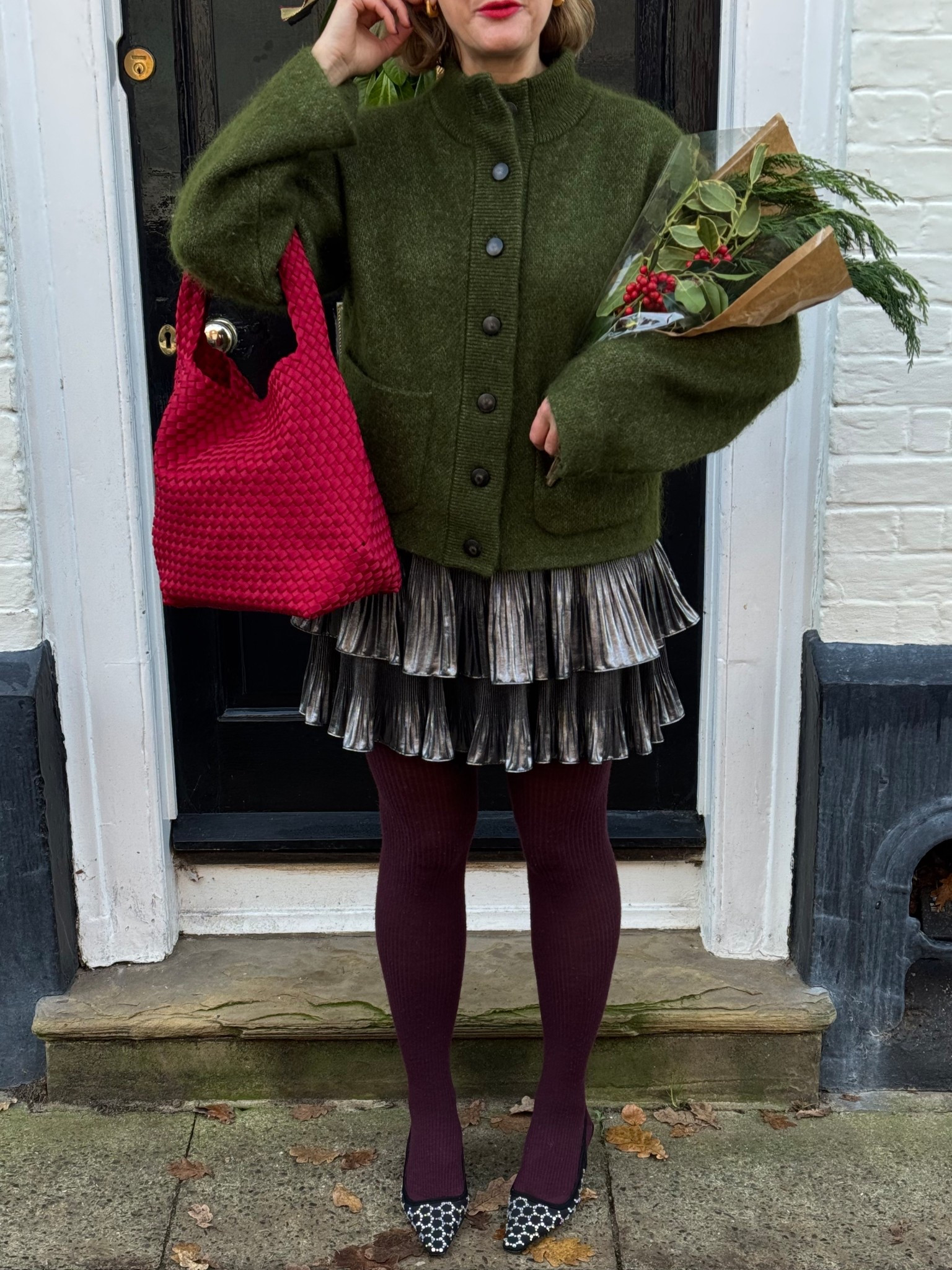 Festive outfit
Metallic skirt
Pop of red

#LTKwinter #LTKfestive #LTKuk