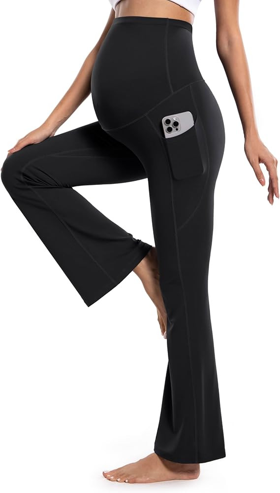 POSHDIVAH Women's Maternity Flare Leggings Over The Belly Pregnancy Workout Active Yoga Lounge Bo... | Amazon (US)