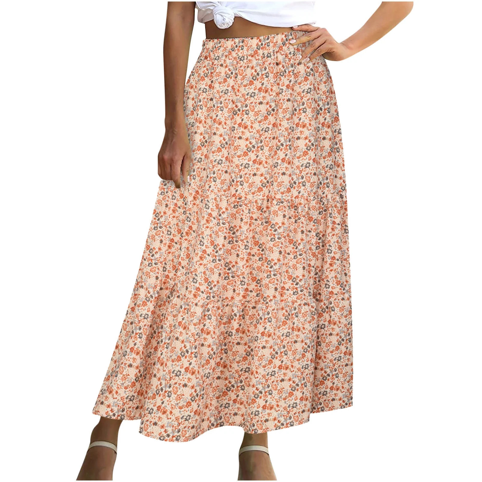 Summer Boho Skirts Women Elastic Waist Ruched Floral Print Pleated Maxi Skirt Casual Flowy Swing ... | Walmart (US)