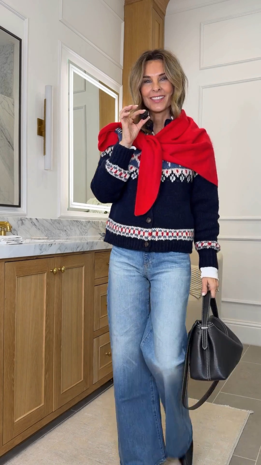 Day 4 of 7 of Cozy but Warm! I’m 5’6’’. 
-Frank & Eileen white fleece top S
-AG wide leg Jean TTS
-Fair Isle cardigan size S 
-Boots TTS
-Red triangle scarf


#LTKOver40 #LTKootd #LTKSeasonal