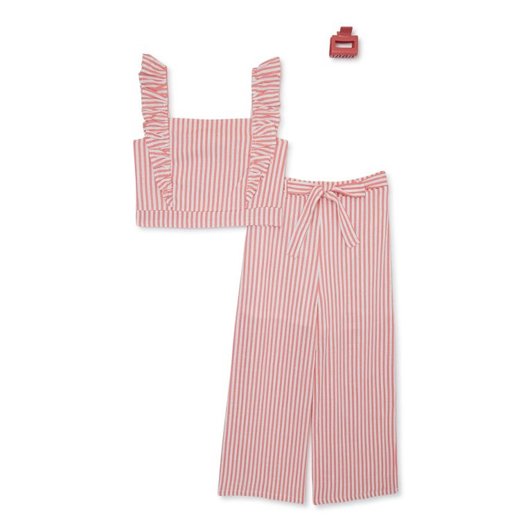 Btween Girls Ruffle Top and Wide Leg Pants Set with Hair Clip, 2-Piece, Sizes 7-12 | Walmart (US)