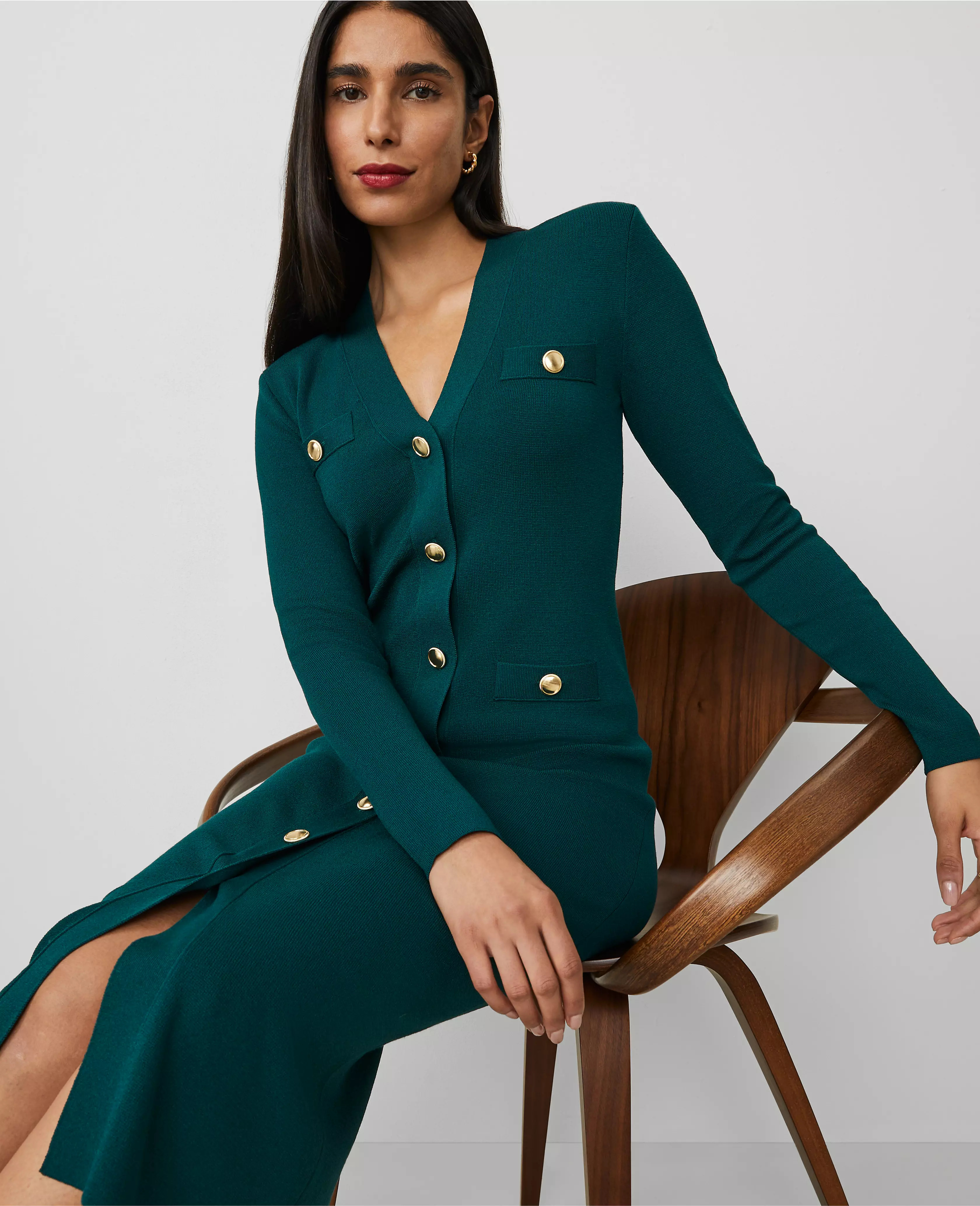 Button Front V-Neck Sweater Dress | Ann Taylor (US)