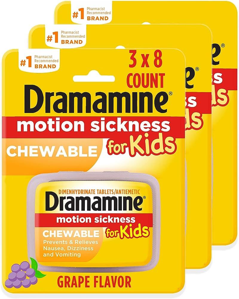 Dramamine Kids Chewable, Motion Sickness Relief, Grape Flavor, 8 Count, 3 Pack | Amazon (US)