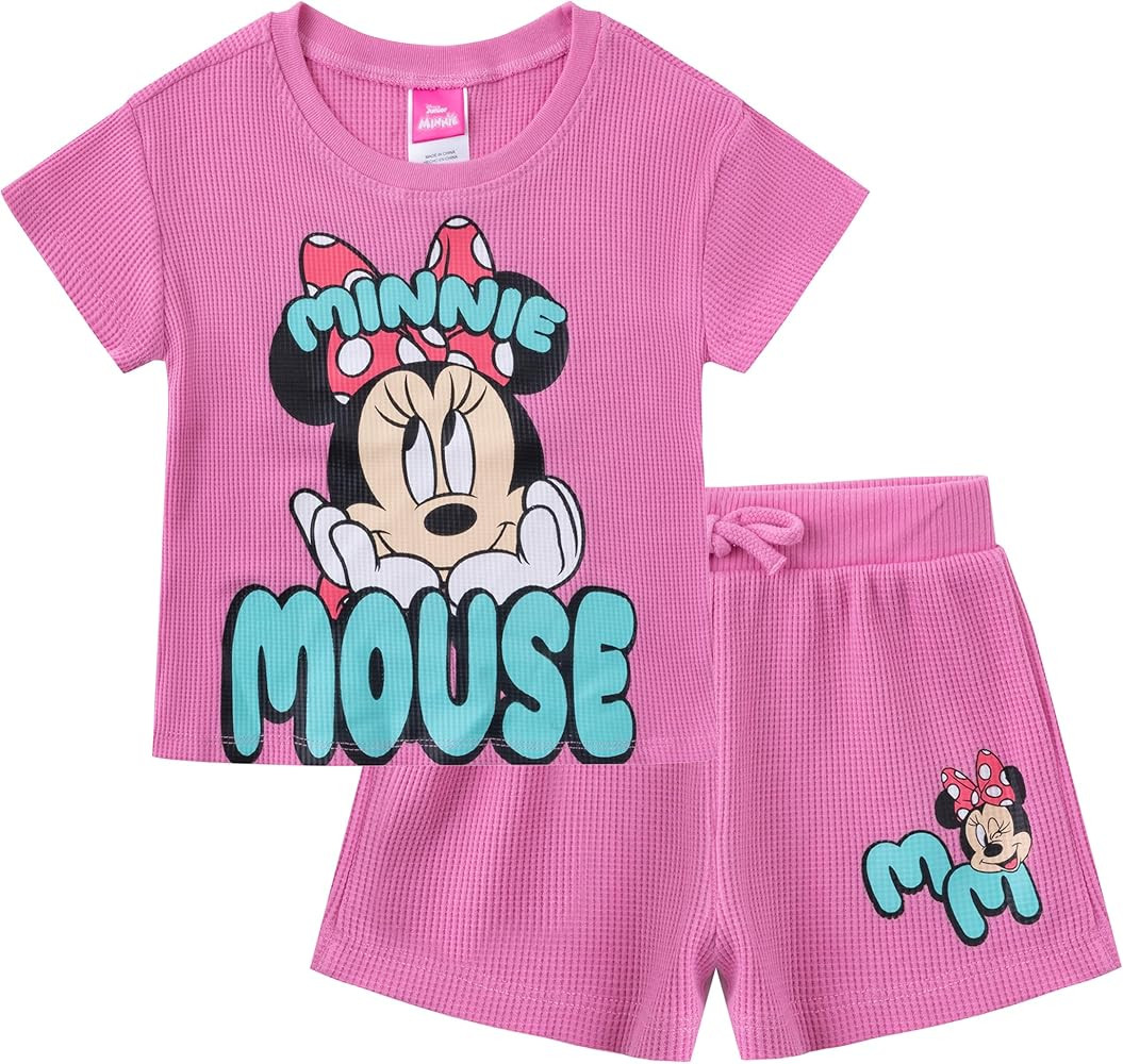 Disney Minnie Mouse Girls Waffle Knit Short Sleeve T-Shirt and Shorts Set for Toddlers and Big Ki... | Amazon (US)