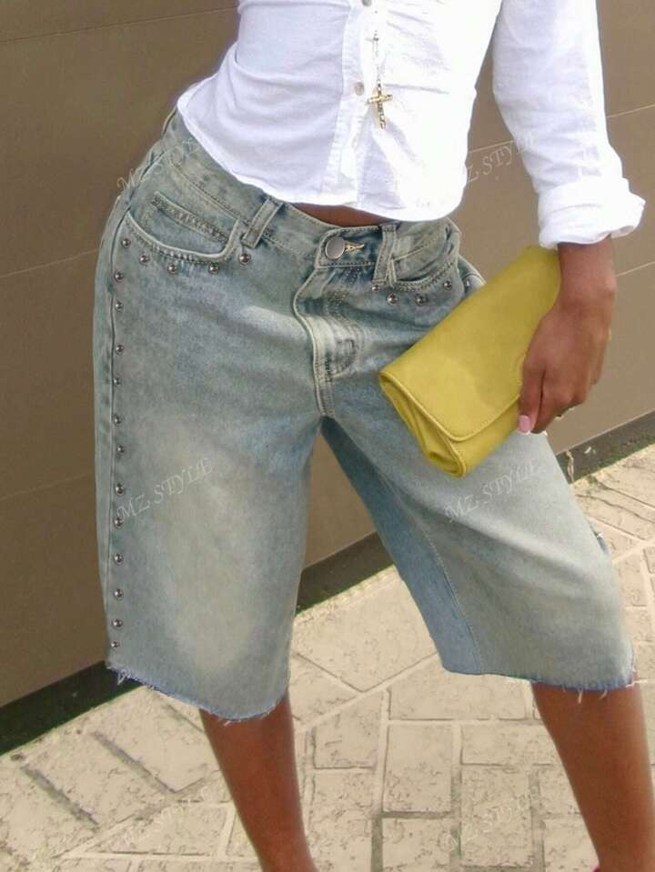 Women's Street Style Rivets Decorated Denim Bermuda Shorts, Casual Jean Shorts For Spring & Summer | SHEIN