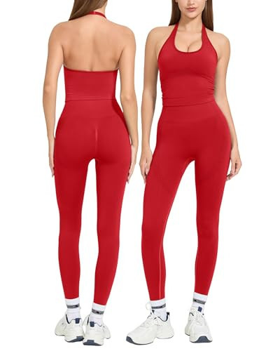MOOSLOVER Women 2 Piece Workout Sets Halter Sports Bra Butt Lifting Leggings Gym Yoga Outfits(M,Red) | Amazon (US)