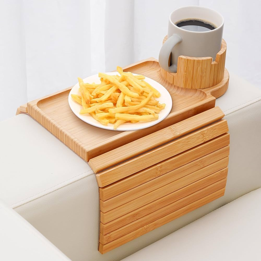 SINWANT Couch Cup Holder Tray,Large Bamboo Couch Armrest Table with Cup Holder,Foldable Anti-Slip... | Amazon (US)