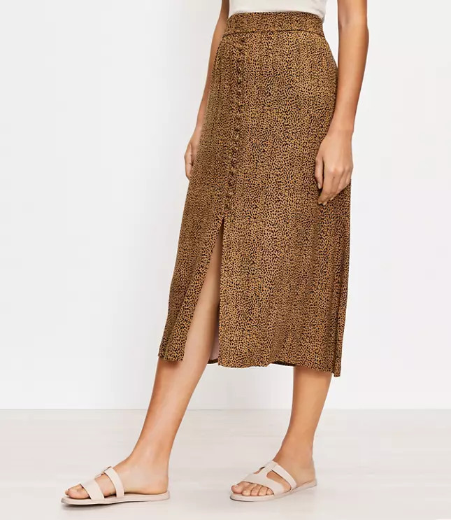 Animal Print Button Pull On Midi Skirt | LOFT