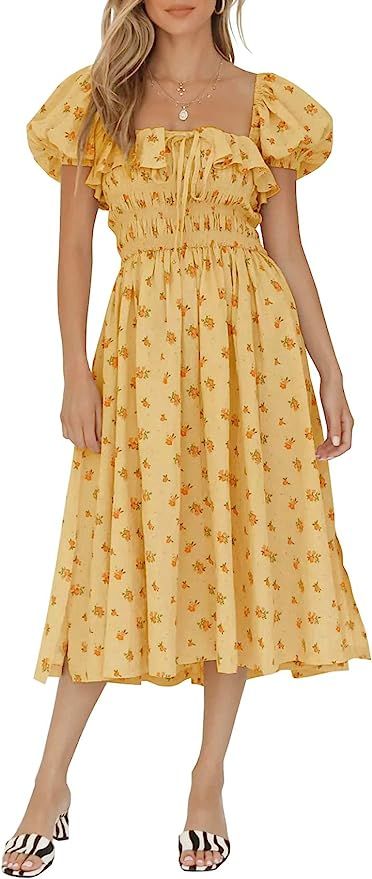 R.Vivimos Womens Summer Floral Print Puff Sleeves Vintage Ruffles Midi Dress | Amazon (US)