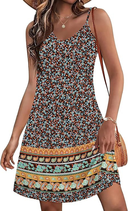Zeagoo Womens Summer Dress 2025 Loose Sleeveless Tshirt Dress V Neck Mini Dress Beach Sundress wi... | Amazon (US)